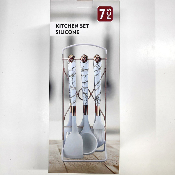 Набор кухонных силиконовых принадлежностей Kitchen set silicone 7 предметов на подставке / Светлое дерево
